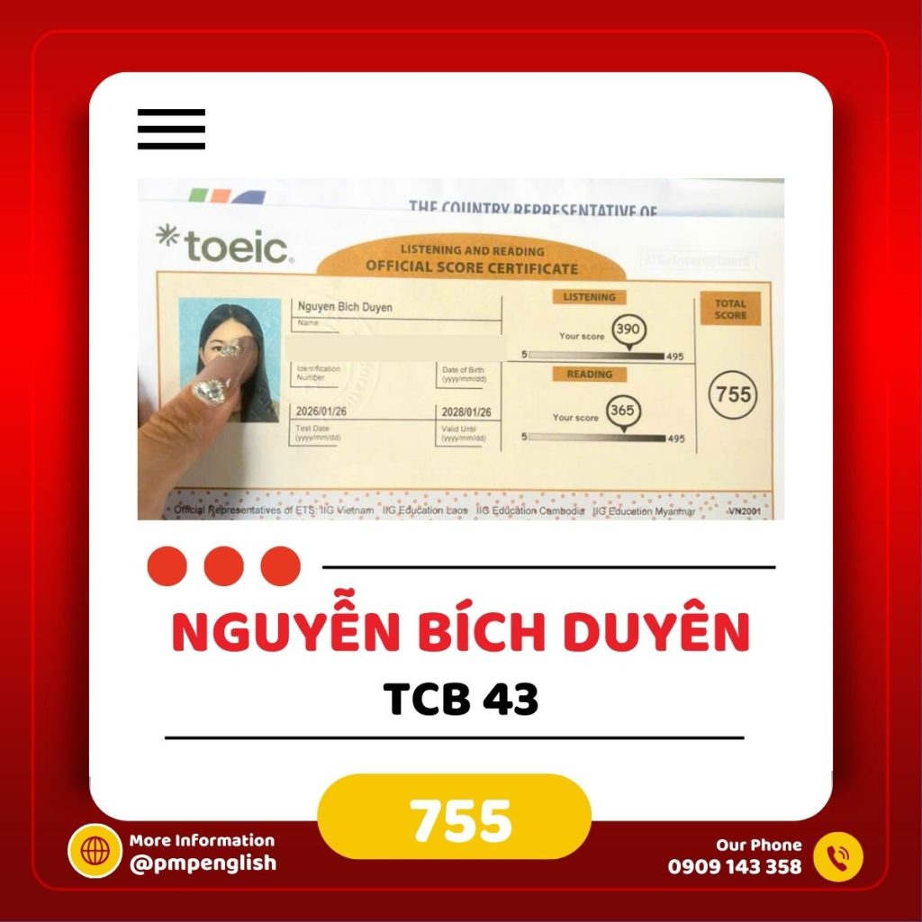 Bảng điểm TOEIC Listening Reading học viên PMP English tháng 2