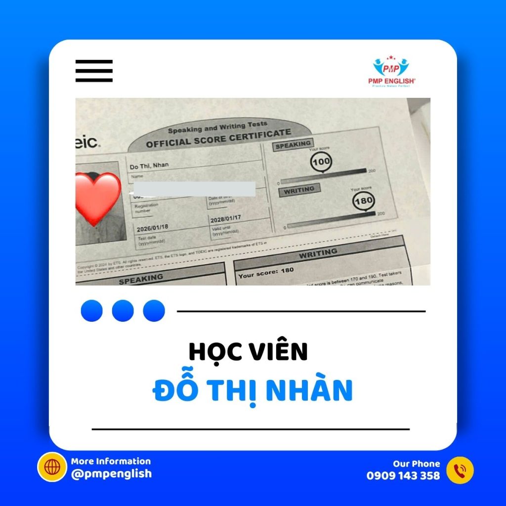 Học viên PMP English đạt điểm cao TOEIC Speaking Writing